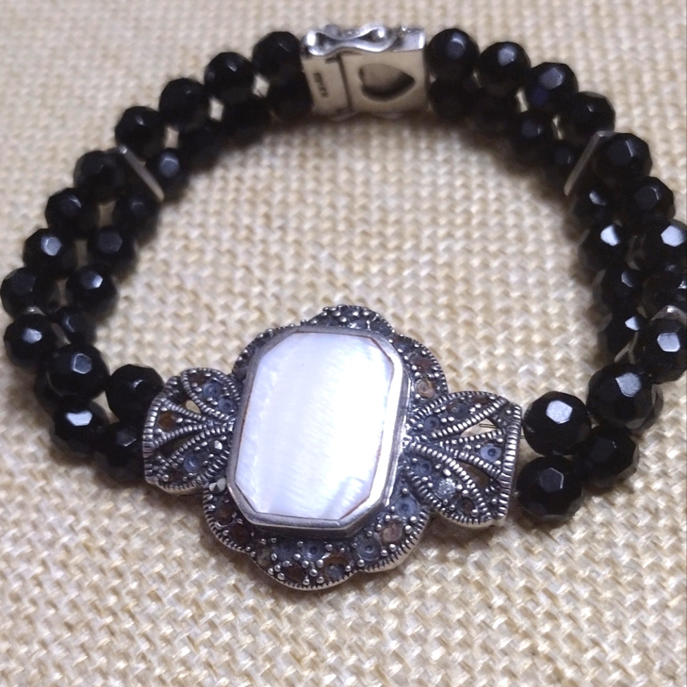 MARCHASITE  MOTHER OF PEARL OBSIDIAN DOUBLE BEADED BLACK BRACELET